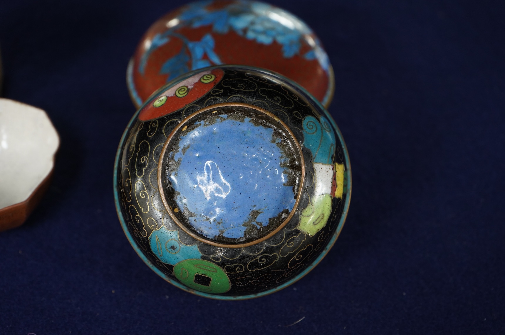 Two 18th century Yixing cups, a Chinese soapstone seal and two covered cloisonne pots, seal 11cm high